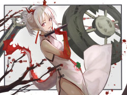 Rule 34 | 1girl, aito, arknights, bare arms, beads, blood, blood splatter, blurry, blurry background, border, bracelet, branch, china dress, chinese clothes, colored skin, commentary request, cowboy shot, dragon girl, dragon horns, dragon tail, dress, dutch angle, earrings, folded fan, folding fan, hand fan, hand up, highres, holding, holding fan, horns, jewelry, looking at viewer, multicolored hair, nian (arknights), nian (unfettered freedom) (arknights), official alternate costume, outside border, parted lips, pelvic curtain, pointy ears, red eyes, red hair, red skin, sleeveless, sleeveless dress, smile, solo, streaked hair, sword, tail, weapon, wheel, white dress, white hair