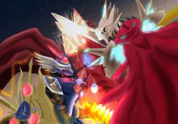 Rule 34 | absurdres, cape, digimon, highres, jesmon, looking at another, ragnalordmon, shield, sword, weapon, wings