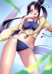 Rule 34 | 1girl, absurdres, bikini, black hair, blue eyes, blunt bangs, blurry, blurry foreground, breasts, dutch angle, fate/grand order, fate (series), gluteal fold, hair ribbon, highres, jacket, kuen (kuennn12), long hair, looking at viewer, medium breasts, open clothes, open jacket, open mouth, ribbon, solo, standing, swimsuit, ushiwakamaru (fate), ushiwakamaru (fate/grand order), ushiwakamaru (swimsuit assassin) (fate), ushiwakamaru (swimsuit assassin) (first ascension) (fate), very long hair
