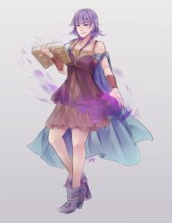 Rule 34 | 1girl, bare shoulders, book, cape, dress, fire emblem, fire emblem: the sacred stones, highres, holding, holding book, looking at viewer, lute (fire emblem), nintendo, purple hair, simple background, smile, solo
