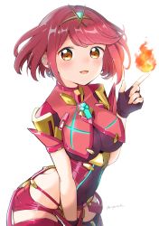 Rule 34 | 1girl, absurdres, bafarin, black gloves, breasts, chest jewel, earrings, fingerless gloves, gem, gloves, headpiece, highres, jewelry, large breasts, pyra (xenoblade), red eyes, red hair, red shorts, red thighhighs, short hair, short shorts, shorts, solo, swept bangs, thighhighs, tiara, xenoblade chronicles (series), xenoblade chronicles 2