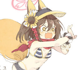 Rule 34 | 1girl, abara heiki, animal ear fluff, animal ears, bikini, blue archive, breasts, brown hair, commentary, fang, flower, fox ears, fox girl, fox tail, hair between eyes, hair flower, hair ornament, halo, izuna (blue archive), izuna (swimsuit) (blue archive), navel, official alternate costume, open mouth, red halo, short hair, shorts, simple background, skin fang, small breasts, solo, striped bikini, striped clothes, sunflower, sunflower hair ornament, swimsuit, tail, tears, visor cap, wavy mouth, white background, yellow eyes