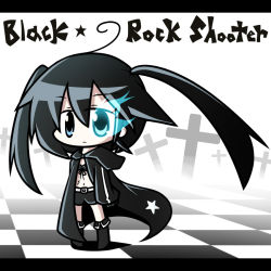Rule 34 | 10s, 1girl, ahoge, aoblue, black rock shooter, black rock shooter (character), blue eyes, boots, checkered floor, chibi, cross, floor, front-tie top, gloves, glowing, glowing eye, hood, hooded jacket, jacket, long coat, perspective, scar, shorts, solo, star (symbol), twintails, uneven twintails