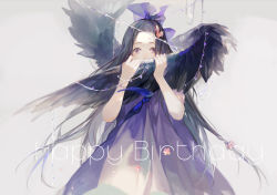 Rule 34 | 1girl, bangs pinned back, bird wings, black hair, black wings, cable, commentary request, covered mouth, covering own mouth, dress, english text, entangled, flower, grey background, hair flower, hair ornament, hair ribbon, hair slicked back, happy birthday, long hair, looking at viewer, nineo, original, purple eyes, ribbon, simple background, solo, very long hair, wide-eyed, wing hug, wings