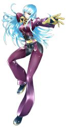 Rule 34 | 1girl, absurdres, belt, blue hair, blunt ends, bodysuit, cai-man, chaps, cropped jacket, fighting stance, foreshortening, gloves, highres, kula diamond, long hair, outstretched arm, pants, red eyes, shoes, simple background, snk, solo, the king of fighters, very long hair, white background, yellow gloves