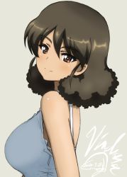 Rule 34 | 1girl, black hair, brown eyes, bukkuri, casual, character name, closed mouth, commentary request, curly hair, dark-skinned female, dark skin, dated, dress, from side, girls und panzer, grey background, highres, looking at viewer, looking back, medium hair, partial commentary, signature, smile, solo, spaghetti strap, upper body, viridiana (girls und panzer), white dress