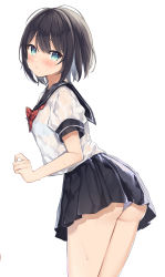 Rule 34 | 1girl, absurdres, aqua eyes, ass, black hair, black sailor collar, black skirt, blush, bra, bra visible through clothes, closed mouth, commentary request, highres, looking at viewer, looking to the side, okiq, original, panties, pleated skirt, sailor collar, school uniform, see-through, shirt, short hair, short sleeves, simple background, skirt, solo, standing, thighs, underwear, uniform, wet, wet clothes, wet shirt, white background, white bra, white panties, white shirt
