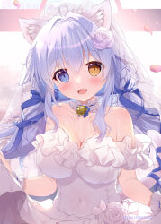 1girl :3 :d ahoge animal_ear_fluff animal_ears bare_shoulders bell blue_bow blue_eyes blue_hair blue_ribbon blush bow braid breasts bridal_veil bride brown_eyes cat_ears cat_girl cat_tail choker cleavage collarbone colored_eyelashes commentary covered_navel dress dress_flower falling_petals fang flower frilled_choker frilled_dress frilled_wrist_cuffs frills hair_between_eyes hair_bow hair_flower hair_intakes hair_ornament hair_ribbon happy heterochromia highres jingle_bell large_breasts long_hair looking_at_viewer low_twintails melonbooks mikeou neck_bell off-shoulder_dress off_shoulder open_mouth original petals ribbon rose sample_watermark sidelocks simple_background single_braid skirt_hold smile solo tail tail_ornament tail_raised tail_ribbon twintails twitter_username upper_body veil watermark wedding_dress white_background white_dress white_flower white_rose wrist_cuffs