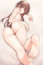 Rule 34 | 1girl, 22/7, ass, barefoot, bed sheet, bikini, black bikini, black bow, blush, bow, braid, braided hair rings, breasts, brown hair, closed mouth, foot focus, foot out of frame, foreshortening, hair between eyes, hair bow, hair rings, highres, long hair, looking at viewer, looking back, lying, medium breasts, nagareboshi, on bed, on stomach, purple eyes, smile, soles, solo, swimsuit, tachikawa ayaka, thong, toes
