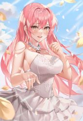 Rule 34 | 1girl, :d, absurdres, bare shoulders, blush, breasts, bride, commission, dress, falling petals, hao (mwhy4538), highres, idolmaster, idolmaster cinderella girls, jewelry, jougasaki mika, large breasts, long hair, looking at viewer, necklace, open mouth, petals, pink hair, pixiv commission, ring, smile, solo, teeth, upper teeth only, wedding dress, white dress, yellow eyes
