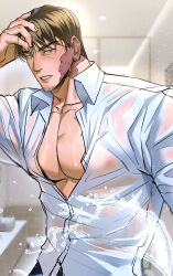 Rule 34 | 1boy, bara, blush, brown hair, burn scar, check copyright, collared shirt, copyright request, covered erect nipples, facial hair, facial scar, goatee, hand on own head, highres, large pectorals, lips, looking at viewer, male focus, mature male, muscular, muscular male, original, pectoral cleavage, pectorals, scar, scar on cheek, scar on face, see-through, shirt, short hair, solo, sunlight, upper body, wet, wet clothes, wet shirt, white shirt, yuche (skysin0830)