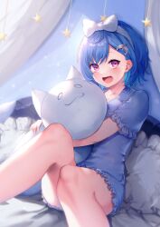Rule 34 | 1girl, :d, blue hair, blue pajamas, blue shirt, blue shorts, bow, collared shirt, commentary request, curtains, dolphin hair ornament, dress shirt, feet out of frame, frilled pillow, frilled shorts, frilled sleeves, frills, hair bow, hairband, highres, kitasaya ai, looking at viewer, nijisanji, nishizono chigusa, hugging object, open mouth, pajamas, pillow, purple eyes, shirt, short shorts, short sleeves, shorts, smile, solo, star (symbol), stuffed animal, stuffed cat, stuffed toy, virtual youtuber, white bow, white hairband