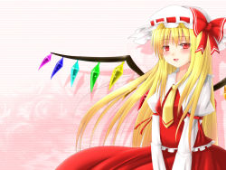 Rule 34 | 1girl, alternate hairstyle, blonde hair, blush, dotera, female focus, flandre scarlet, hanazome dotera, hat, hat ribbon, lips, long hair, long sleeves, necktie, aged up, red eyes, ribbon, solo, embodiment of scarlet devil, touhou, wings