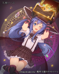 Rule 34 | 1girl, ;o, blue eyes, blue hair, bow, cape, chalice, coin, cup, frilled skirt, frills, gem, gloves, hat, highres, hinahara hajime, jewelry, long hair, makai gakuen catastrophe, matching hair/eyes, necklace, official art, one eye closed, open mouth, panties, pearl necklace, plaid, plaid skirt, ring, school uniform, skirt, solo, suspenders, thighhighs, treasure chest, underwear, wink, witch hat