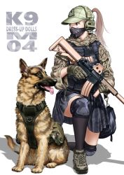 Rule 34 | 1girl, assault rifle, bag, camouflage, camouflage skirt, dog, german shepherd, gloves, grey eyes, grey hair, gun, headset, highres, k9, knee pads, kneeling, load bearing vest, looking to the side, m4 carbine, military, on one knee, original, ponytail, pouch, rifle, shadow, shoes, shoulder bag, simple background, skirt, sneakers, solo, suppressor, toshi (pixiv6514), weapon, white background