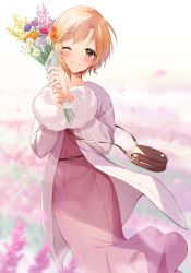 Rule 34 | 1girl, ;d, absurdres, aiba yumi, bag, blonde hair, blurry, blurry background, blurry foreground, blush, bouquet, coat, depth of field, dress, earrings, falling petals, field, floating clothes, flower, fur-trimmed sleeves, fur trim, handbag, highres, holding, holding bouquet, idolmaster, idolmaster cinderella girls, jewelry, looking at viewer, nail polish, neru5, one eye closed, open mouth, petals, pink dress, ring, short hair, smile, solo, white coat