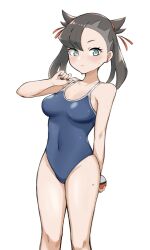 Rule 34 | 1girl, absurdres, aqua eyes, bare shoulders, black hair, black nails, blue one-piece swimsuit, blush, breasts, covered navel, creatures (company), game freak, groin, highres, holding, holding poke ball, long hair, looking at viewer, marnie (pokemon), medium breasts, nintendo, one-piece swimsuit, poke ball, pokemon, pokemon swsh, simple background, solo, swimsuit, tsuneshima, twintails, wet, white background