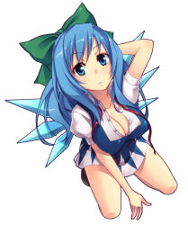 Rule 34 | 1girl, aged up, alternate breast size, alternate hair length, alternate hairstyle, arm behind head, arm support, bad id, bad pixiv id, blue hair, bow, breasts, cirno, cleavage, from above, hair bow, kneeling, large breasts, long hair, looking up, neck ribbon, solo, takahina, touhou, unbuttoned, undone neck ribbon, wings