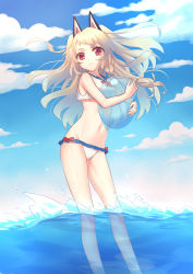 Rule 34 | 1girl, animal ears, azur lane, ball, beachball, blue sky, braid, carrying, chi yei, cloud, cloudy sky, commentary request, day, fake animal ears, highres, long hair, looking at viewer, navel, ocean, partially submerged, partially underwater shot, red eyes, sailor collar, shallow water, silver hair, single braid, sky, solo, standing, swimsuit, thick eyebrows, two side up, underwater, wading, water, wind, yuudachi (azur lane)
