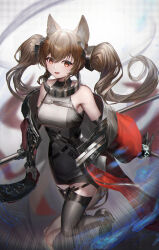Rule 34 | absurdres, angelina (arknights), angelina (endfield) (arknights), animal ears, arknights, arknights: endfield, bare shoulders, belt, black bracelet, black gloves, black thighhighs, brown eyes, brown hair, coat, dress, elbow gloves, fox ears, fox girl, gloves, grey dress, hair ornament, headpiece, high belt, highres, holding, holding staff, infection monitor (arknights), off shoulder, open clothes, open coat, red coat, sleeveless, sleeveless dress, smile, staff, taku57, thighhighs, twintails