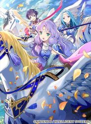 Rule 34 | 3girls, armor, cloud, cloudy sky, commentary request, company connection, copyright name, day, farina (fire emblem), fiora (fire emblem), fire emblem, fire emblem: the blazing blade, fire emblem cipher, florina (fire emblem), long hair, multiple girls, nintendo, official art, outdoors, pegasus, pegasus knight uniform (fire emblem), petals, sky, tobi (kotetsu), wings