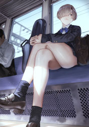 Rule 34 | 1boy, 1girl, black jacket, black socks, black sweater, blazer, blonde hair, blue bow, blue bowtie, blue eyes, bow, bowtie, brown bag, brown footwear, closed mouth, collared shirt, commentary request, crossed legs, from below, hair over one eye, highres, jacket, kaoming, legs, long sleeves, looking to the side, one eye covered, original, own hands together, paid reward available, school uniform, shirt, shoes, sitting, sleeves past wrists, socks, solo focus, sweater, thighs, train interior
