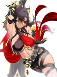 Rule 34 | 1girl, absurdres, arm armor, arm up, armlet, armpits, asymmetrical clothes, beacon of the reed sea (genshin impact), belt, black belt, black gloves, black hair, blonde hair, blue eyes, breasts, capelet, commentary, criss-cross halter, crossed bangs, crossed belts, dangle earrings, dark-skinned female, dark skin, dehya (genshin impact), earrings, elbow gloves, fingerless gloves, gauntlets, genshin impact, gloves, gold choker, hair between eyes, hair ears, hair intakes, halterneck, highres, holding, holding sword, holding weapon, jewelry, large breasts, long hair, looking at viewer, multicolored hair, multiple thigh straps, nail polish, navel, pants, parted lips, red capelet, red nails, single bare shoulder, single earring, single fingerless glove, single gauntlet, smile, solo, spiked knuckles, stomach, streaked hair, sword, thigh strap, thighs, toned, torn clothes, torn pants, two-tone hair, vision (genshin impact), warabi mochi (w4rabimochi), weapon, white background, yellow pupils