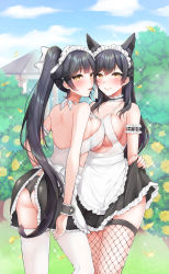 Rule 34 | 2girls, alternate costume, animal ears, apron, arm garter, ass, atago (azur lane), azur lane, back, backless outfit, black hair, black panties, black ribbon, black skirt, blush, bow, breast press, breasts, choker, clothes lift, day, dog ears, dress, enmaided, extra ears, fishnets, flower, frilled apron, frilled skirt, frills, hair bow, hair flaps, halter dress, halterneck, highres, kakino (nashiko), large breasts, lips, long hair, looking at viewer, maid, maid headdress, miniskirt, mole, mole under eye, multiple girls, no bra, outdoors, panties, parted lips, petals, ponytail, revealing clothes, ribbon, rose, skirt, skirt lift, smile, sparkle, strap gap, swept bangs, symmetrical docking, takao (azur lane), thighhighs, thighs, tree, underwear, very long hair, waist apron, white apron, white bow, white legwear, white ribbon, yellow flower, yellow rose