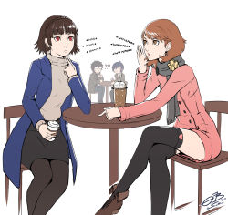 Rule 34 | 2boys, 2girls, ?, ??, amamiya ren, black hair, blue hair, brown eyes, brown hair, chair, coat, commentary, crossed legs, cup, disposable cup, drink, drinking straw, english commentary, finger to own chin, glasses, highres, holding, holding cup, index finger raised, jacket, long sleeves, looking at another, looking up, medium hair, multiple boys, multiple girls, niijima makoto, omniformblue, open clothes, open coat, pants, pantyhose, pencil skirt, persona, persona 3, persona 5, red eyes, scarf, sitting, skirt, sweater, table, takeba yukari, thighhighs, thinking, v-shaped eyebrows, whispering, yuuki makoto (persona 3), zettai ryouiki
