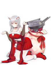Rule 34 | 1girl, absurdres, animal ear fluff, animal ears, azur lane, bag, bare shoulders, black choker, black gloves, boots, breasts, bridal gauntlets, cannon, cat ears, cat tail, choker, christmas, cleavage, collarbone, commentary request, covered erect nipples, elbow gloves, full body, gift, gloves, grin, hakama, hakama short skirt, hakama skirt, highres, hyuuga (azur lane), japanese clothes, kneeling, kunitaki kazuki, large breasts, leaning forward, long hair, looking at viewer, obi, orange eyes, pantyhose, paw pose, red footwear, red ribbon, ribbon, santa costume, sash, sidelocks, simple background, skirt, smile, solo, tail, teeth, white background, white hair, white pantyhose, wide sleeves