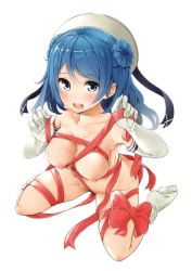 Rule 34 | 10s, 1girl, blue eyes, blue hair, blush, breasts, double bun, elbow gloves, female focus, gloves, hair bun, hat, kantai collection, large breasts, long hair, looking at viewer, matching hair/eyes, naked ribbon, nipples, nude, ribbon, sailor hat, simple background, soborou, solo, urakaze (kancolle), white gloves, white hat