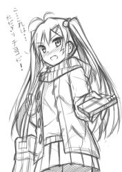 Rule 34 | bad id, bad pixiv id, bag, blush, coat, fang, gift, greyscale, long hair, looking at viewer, monochrome, original, peach88, scarf, sketch, twintails, winter clothes