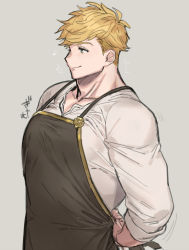 Rule 34 | 1boy, absurdres, apron, bara, black apron, blonde hair, closed mouth, from side, granblue fantasy, grey background, highres, large pectorals, looking to the side, male focus, migi (mm86262394), muscular, muscular male, pectorals, shirt, short hair, smile, solo, translation request, undercut, upper body, vane (granblue fantasy), white shirt