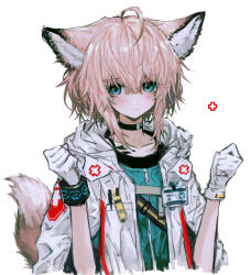 Rule 34 | 1girl, absurdres, ahoge, animal ears, arknights, black bracelet, black choker, blue eyes, blue shirt, blush, choker, coat, fox ears, fox girl, fox tail, gloves, highres, id card, infection monitor (arknights), looking at viewer, open clothes, open coat, shirt, short hair, simple background, smile, solo, sussurro (arknights), tail, tail raised, torichikushou, upper body, white background, white coat, white gloves