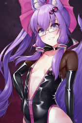 Rule 34 | 1girl, ahoge, black bodysuit, black choker, black gloves, bodysuit, breasts, breasts apart, choker, collarbone, commentary, cosplay, elbow gloves, fate/grand order, fate (series), glasses, gloves, grey-framed eyewear, grin, hair ornament, hand on own hip, highres, koyanskaya (assassin) (first ascension) (fate), koyanskaya (fate), koyanskaya (fate) (cosplay), long hair, looking at viewer, open bodysuit, open clothes, parted lips, partially unzipped, ponytail, purple eyes, purple hair, sidelocks, small breasts, smile, solo, tamamo (fate), tenneko yuuri, upper body, v-shaped eyebrows, voiceroid, yuzuki yukari, zipper pull tab