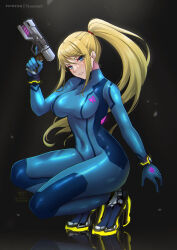 Rule 34 | 1girl, blonde hair, blue bodysuit, blue eyes, bodysuit, breasts, covered navel, directed-energy weapon, energy gun, energy weapon, full body, gun, handgun, high heels, high ponytail, highres, holding, holding gun, holding weapon, large breasts, long hair, looking at viewer, metroid, mole, mole under mouth, nintendo, parted lips, patreon username, plasma pistol, ryuuneart, samus aran, sidelocks, skin tight, solo, squatting, thighs, very long hair, weapon, zero suit