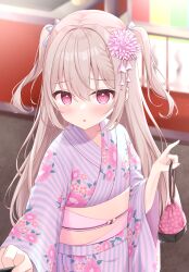 Rule 34 | 1girl, cherry blossoms, flower, flower on head, highres, japanese clothes, kimono, kinakon, long hair, original, pink eyes, pink flower, twintails, yukata
