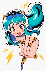 Rule 34 | :d, animal print, aqua hair, blush, breasts, chibi, chibi only, chueog, cleavage, clenched hands, dot nose, facing viewer, floating hair, foot out of frame, full body, highres, horns, knee up, knees together feet apart, leaning, leaning forward, lightning bolt symbol, long hair, lum, navel, open mouth, orange eyes, own hands together, panties, pigeon-toed, short eyebrows, sidelocks, small horns, smile, socks, solo, tiger print, underwear, urusei yatsura, v-shaped eyebrows, yellow horns