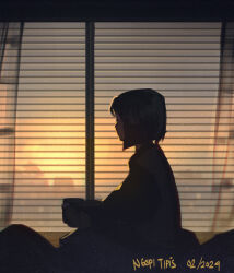 Rule 34 | 1girl, commentary, dated, english commentary, from side, highres, indoors, kopianget, original, profile, short hair, sitting, solo, sunrise, window, window blinds