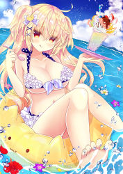Rule 34 | 1girl, :p, absurdres, barefoot, bikini, blonde hair, breasts, cleavage, collarbone, food, frilled bikini, frills, hair ornament, hairclip, highres, ice cream, large breasts, long hair, looking at viewer, navel, original, red eyes, shiromomo, smile, solo, spoon, sundae, swimsuit, tongue, tongue out, two side up, water