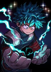 Rule 34 | 1boy, alternate eye color, alternate hair color, belt, belt pouch, blue background, blue bodysuit, blue eyes, blue hair, bodysuit, boku no hero academia, chiyaya, closed mouth, diffraction spikes, electricity, eyebrows hidden by hair, floating, floating object, foreshortening, freckles, gloves, glowing, gradient background, grey gloves, hair between eyes, hands up, happy, highres, leaning forward, light, looking down, male focus, messy hair, midoriya izuku, open hands, orb, outstretched arms, outstretched hand, pac-man eyes, pouch, purple background, red belt, short hair, smile, solo, sparkle, spoilers, torn clothes, torn sleeves, upper body