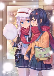 Rule 34 | 2girls, :d, absurdres, akatsuki (kancolle), artist name, badge, bag, blue eyes, blue skirt, blush, commentary request, cotton candy, dated, hair between eyes, hair ornament, hairclip, hat, hibiki (kancolle), highres, holding hands, interlocked fingers, kantai collection, light purple hair, long hair, looking at another, multiple girls, open mouth, outdoors, pantyhose, pleated skirt, purple eyes, purple hair, red scarf, scarf, shared clothes, shared scarf, skirt, smile, snowing, tsubasa tsubasa, white legwear