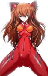 Rule 34 | 1girl, aoiakira553, arms up, ass, blue eyes, bodysuit, breasts, brown hair, character name, cowboy shot, curvy, interface headset, legs apart, lips, long hair, looking at viewer, medium breasts, multicolored bodysuit, multicolored clothes, neon genesis evangelion, pilot suit, plugsuit, red bodysuit, shiny clothes, simple background, skin tight, solo, souryuu asuka langley, standing, two side up, very long hair, white background, wide hips