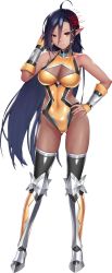 Rule 34 | 1girl, ahoge, armored boots, artwhirl mahou gakuen no otome-tachi, black hair, bodysuit, boots, breasts, cleavage, cleavage cutout, closed mouth, clothing cutout, dark-skinned female, dark skin, fishnet bodysuit, fishnets, full body, hair between eyes, hand in own hair, hand on own hip, highleg, highleg leotard, highres, knee boots, large breasts, leotard, long hair, looking at viewer, mana (remana), naru (artwhirl), pointy ears, red eyes, solo, standing, tachi-e, taimanin (series), taimanin suit, thighhighs, transparent background, very long hair, yellow leotard