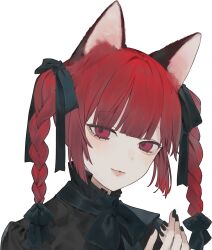 Rule 34 | 1girl, absurdres, animal ears, black bow, black nails, black shirt, bow, bowtie, braid, cat ears, cat girl, collar, commentary request, daimaou ruaeru, frilled collar, frills, hair bow, highres, kaenbyou rin, lips, long hair, looking at viewer, multiple hair bows, nekomata, red eyes, red hair, shirt, simple background, smile, solo, touhou, twin braids, upper body, white background
