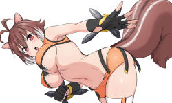 Rule 34 | 1girl, animal ears, antenna hair, arc system works, bad id, bad pixiv id, bare shoulders, bent over, blazblue, blazblue: continuum shift, blush, breasts, brown eyes, brown hair, crop top, dual wielding, fingerless gloves, gloves, holding, large breasts, makoto nanaya, microskirt, midriff, open mouth, orange skirt, red eyes, revealing clothes, sein (asylum-garden), short hair, skirt, solo, squirrel ears, squirrel tail, tail, thighhighs, tonfa, underboob, weapon