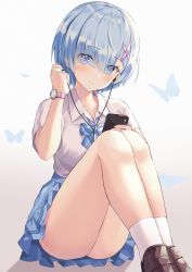 Rule 34 | 1girl, blue eyes, blue hair, blush, bow, breasts, cellphone, closed mouth, collarbone, commentary request, earphones, female focus, gradient background, hair ornament, hair over one eye, highres, holding, hyonee, knees up, lips, looking at viewer, matching hair/eyes, medium breasts, phone, pleated skirt, re:zero kara hajimeru isekai seikatsu, rem (re:zero), shoes, short sleeves, simple background, sitting, skirt, socks, solo, thighs, watch, white socks, wire, x hair ornament