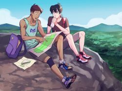 Rule 34 | 2boys, backpack, bag, black hair, bottle, brown hair, dark-skinned male, dark skin, day, drinking, food, food on face, hyakujuu-ou golion, keith (voltron), lance (voltron), looking down, magatsumagic, male focus, map, multiple boys, sandwich, shoes, shorts, sky, sneakers, tank top, tree, voltron: legendary defender, voltron (series), water bottle