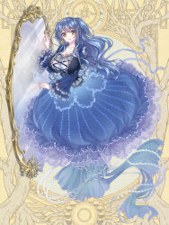 Rule 34 | 1girl, beads, bell sleeves, blue dress, blue hair, breasts, bubble skirt, collarbone, cross-laced clothes, dairoku ryouhei, dress, earrings, frilled dress, frills, full-length mirror, full body, hair beads, hair ornament, hand on mirror, jewelry, large breasts, long hair, long sleeves, looking at viewer, mermaid, mirror, monster girl, roka 01u1, single earring, skirt, smile, solo, sun earrings, two side up, wispy bangs, yellow background, yellow eyes