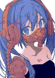 Rule 34 | 1girl, 3774., bare shoulders, blue eyes, blue hair, cable, chest tattoo, collarbone, colored eyelashes, gas mask, hair between eyes, hair ornament, hairclip, hatsune miku, headphones, highres, looking to the side, mask, mechanical arms, mouth mask, number tattoo, respirator, sideways glance, single mechanical arm, solo, strapless, tattoo, tube, twintails, vocaloid